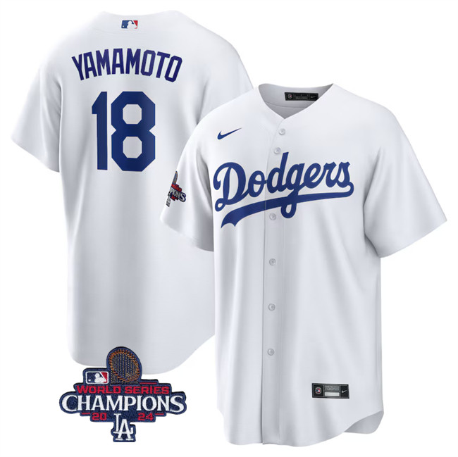 Personalized Men’s Los Angeles Dodgers #18 Yoshinobu Yamamoto White 2024 World Series Champions Cool Base Stitched Baseball Jersey
