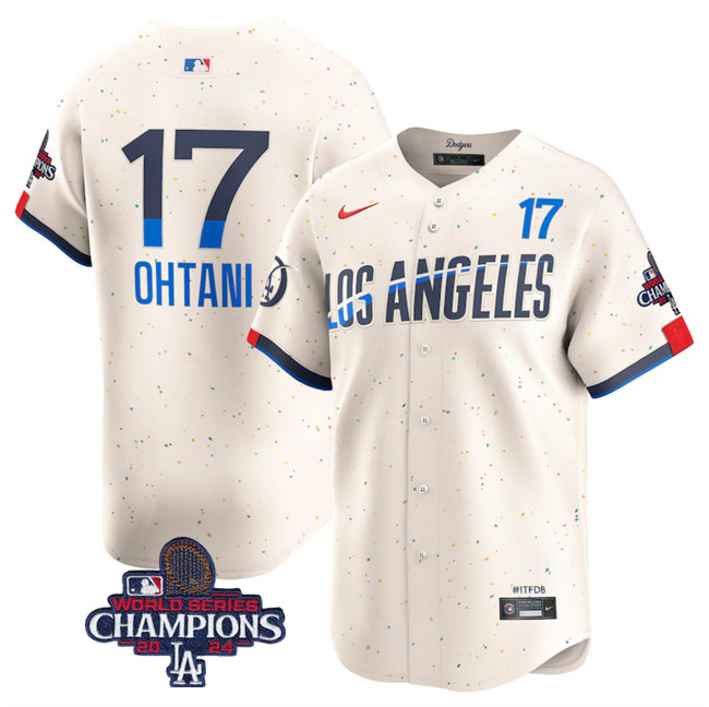 Personalized Men’s Los Angeles Dodgers #17 Shohei Ohtani Cream 2024 World Series Champions City Connect Limited Stitched Baseball Jersey
