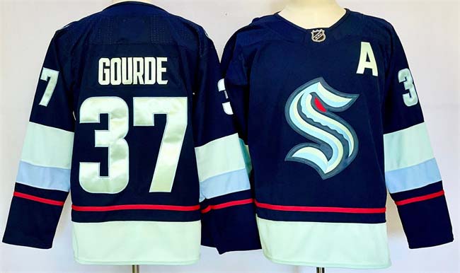 Personalized Men’s Seattle Kraken #37 Yanni Gourde Navy 2024-25 Home With A Patch Stitched Hockey Jersey