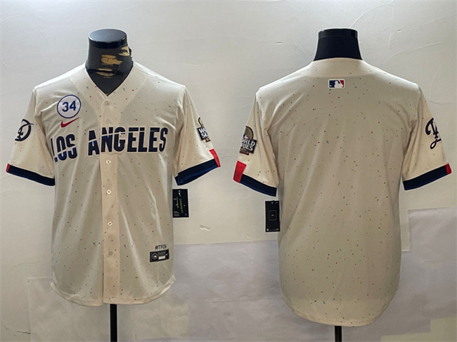 Personalized Men’s Los Angeles Dodgers Blank Cream 2024 World Series With No. 34 Patch Limited Stitched Baseball Jersey