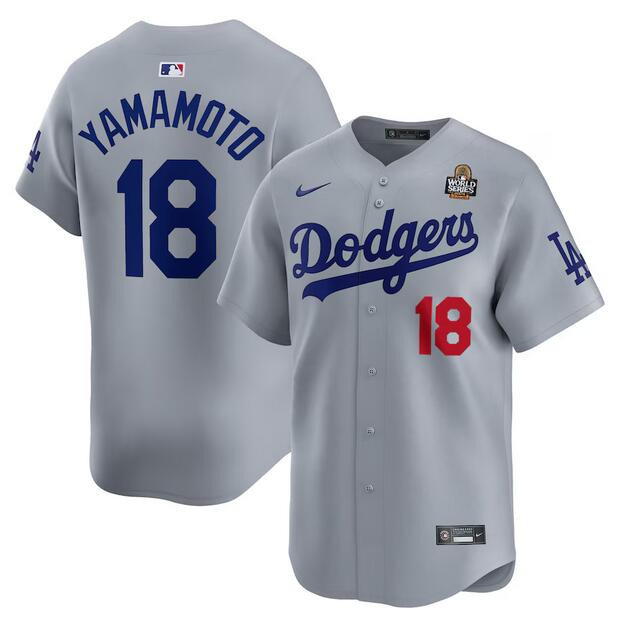 Personalized Men’s Los Angeles Dodgers #18 Yoshinobu Yamamot Grey 2024 World Series Alternate Limited Stitched Baseball Jersey