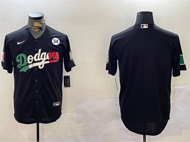 Personalized Men’s Los Angeles Dodgers Blank Black Mexico 2024 World Series With No. 34 Patch Cool Base Stitched Baseball Jersey