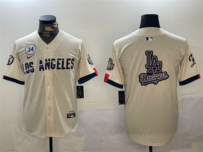 Personalized Men’s Los Angeles Dodgers Team Big Logo Cream 2024 World Series With No. 34 Patch Limited Stitched Baseball Jerseys