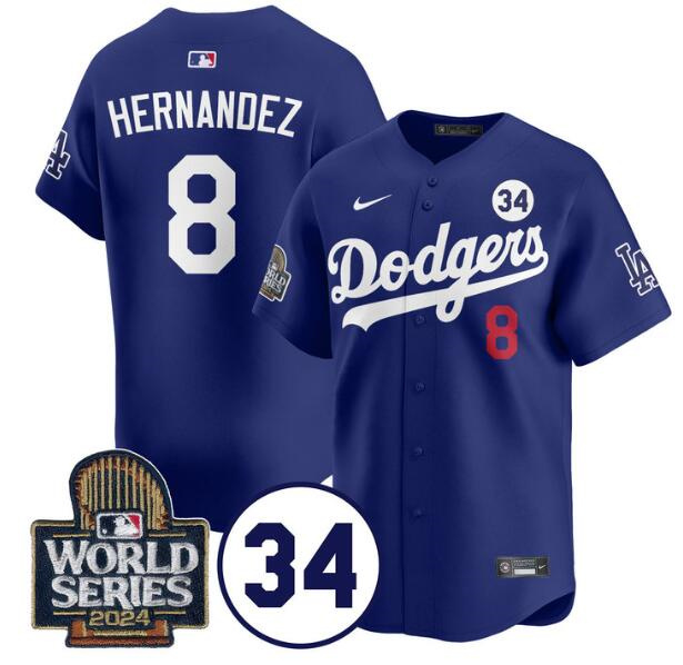 Personalized Men’s Los Angeles Dodgers #8 Enrique Hernandez Royal 2024 World Series With No. 34 Patch Limited Stitched Baseball Jersey