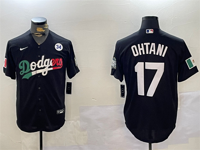 Personalized Men’s Los Angeles Dodgers #17 Shohei Ohtani Black Mexico 2024 World Series With No. 34 Patch Cool Base Stitched Baseball Jersey