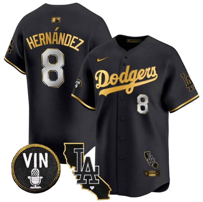 Personalized Men’s Los Angeles Dodgers #8 Enrique Hernandez Black Gold Vin & California Patch Premier Limited Stitched Baseball Jersey
