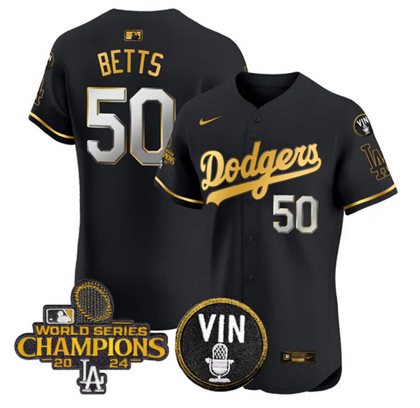 Personalized Men’s Los Angeles Dodgers #50 Mookie Betts Black Gold 2024 World Series Champions With Vin Patch Limited Stitched Baseball Jersey