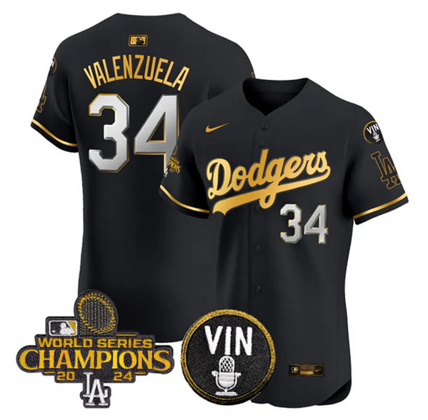 Personalized Men’s Los Angeles Dodgers #34 Toro Valenzuela Black Gold 2024 World Series Champions With Vin Patch Limited Stitched Baseball Jersey