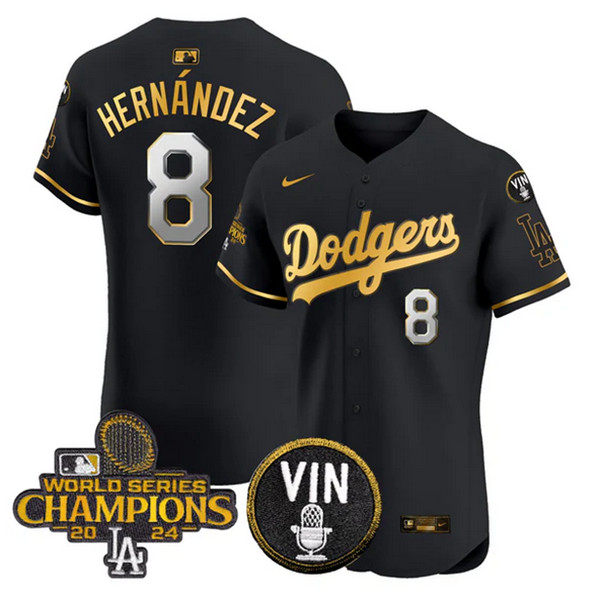 Personalized Men’s Los Angeles Dodgers #8 Enrique Hernandez Black Gold 2024 World Series Champions With Vin Patch Limited Stitched Baseball Jersey
