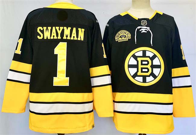 Personalized Men’s Boston Bruins #1 Jeremy Swayman Black 100th Anniversary Stitched Hockey Jersey