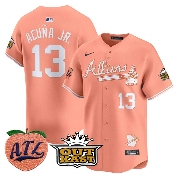 Personalized Men’s Atlanta Braves #13 Ronald Acuña Jr. Peach 2024 Atliens & Peach With Outkast Patch Limited Stitched Baseball Jersey