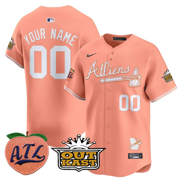 Personalized Men’s Atlanta Braves ACTIVE PLAYER Peach 2024 Atliens & Peach With Outkast Patch Limited Stitched Baseball Jersey