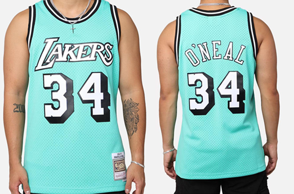 Personalized Men’s Los Angeles Lakers #34 Shaquille O’Neal ‘ Aqua 96-97 Swingman Stitched Basketball Jersey