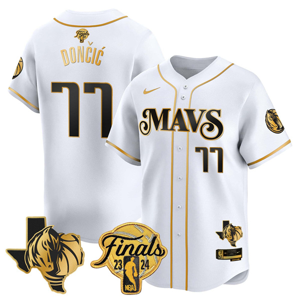 Personalized Men’s Dallas Mavericks #77 Luka Doncic White Gold 2024 Finals & Texas Patch Stitched Baseball Jersey