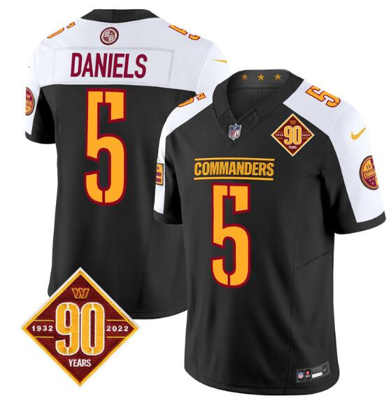 Personalized Men’s Washington Commanders #5 Jayden Daniels Black White 2024 F.U.S.E. 90th Anniversary Limited Stitched Football Jersey