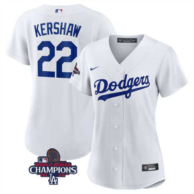 Personalized Women’s Los Angeles Dodgers #22 Clayton Kershaw White 2024 World Series Champions Cool Base Stitched Baseball Jersey(Run Small)