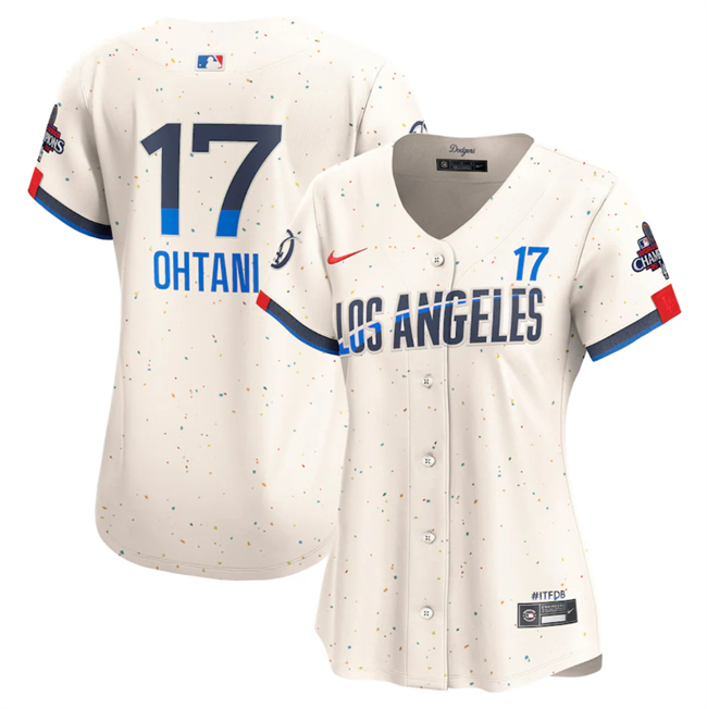 Personalized Women’s Los Angeles Dodgers #17 Shohei Ohtani Cream 2024 World Series Champions City Connect Limited Stitched Baseball Jersey(Run Small)