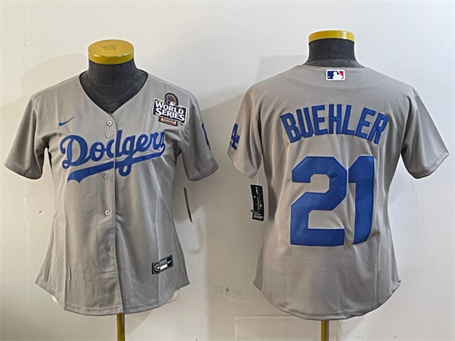 Personalized Women’s Los Angeles Dodgers #21 Walker Buehler Grey 2024 World Series Cool Base Stitched Baseball Jersey(Run Small)