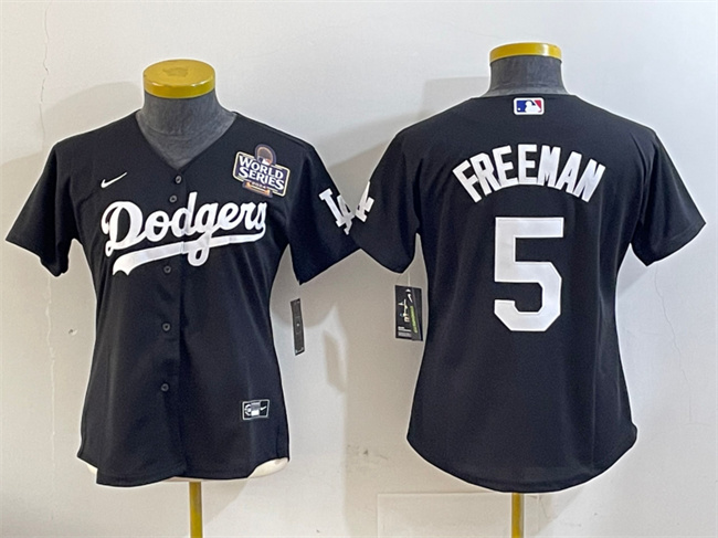 Personalized Women’s Los Angeles Dodgers #5 Freddie Freeman Black 2024 World Series Cool Base Stitched Baseball Jersey(Run Small)