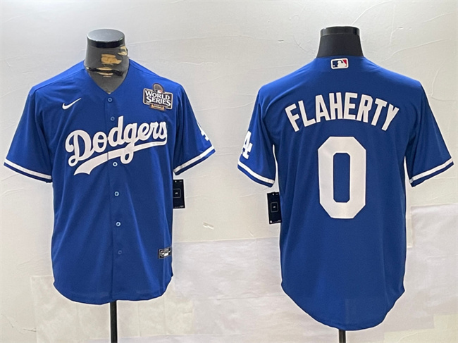 Personalized Men’s Los Angeles Dodgers #0 Jack Flaherty Royal 2024 World Series Cool Base Stitched Baseball Jersey