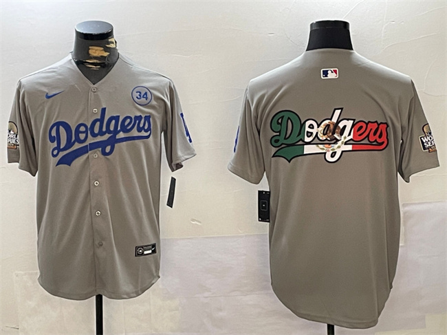 Personalized Men’s Los Angeles Dodgers Team Big Logo Grey 2024 World Series With No. 34 Patch Limited Stitched Baseball Jersey