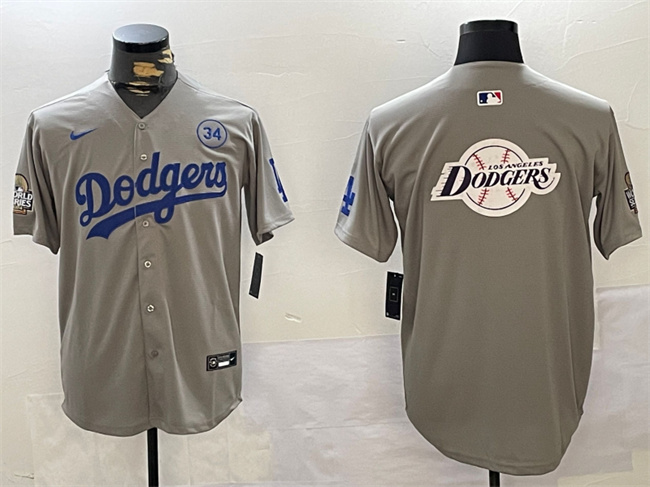 Personalized Men’s Los Angeles Dodgers Team Big Logo Grey 2024 World Series With No. 34 Patch Limited Stitched Baseball Jerseys