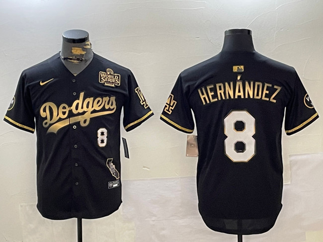 Personalized Men’s Los Angeles Dodgers #8 Enrique Hernandez Black Gold 2024 World Series With Vin & California Patch Premier Limited Stitched Baseball Jersey