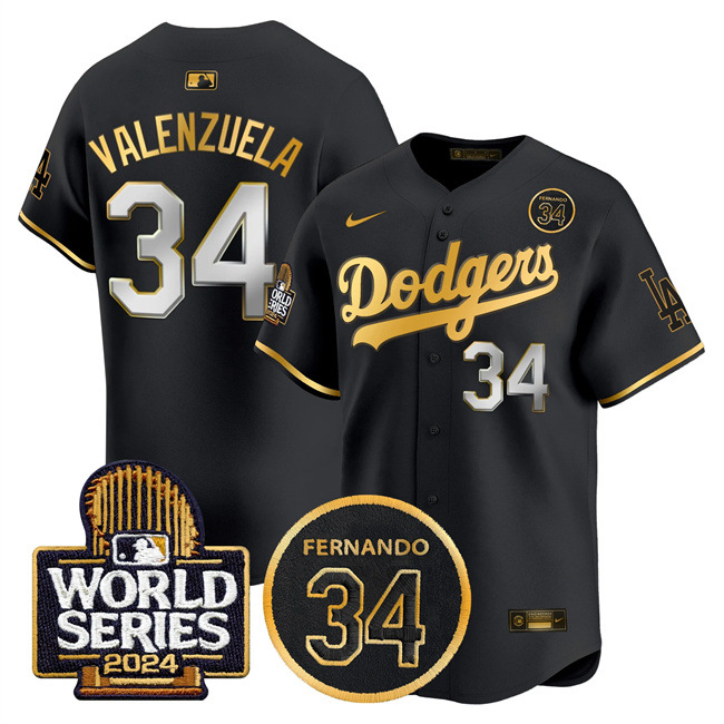 Personalized Men’s Los Angeles Dodgers #34 Toro Valenzuela Black Gold 2024 World Series With Fernando Memorial Patch Limited Stitched Baseball Jersey