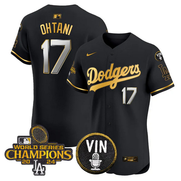 Personalized Men’s Los Angeles Dodgers #17 Shohei Ohtani Black Gold 2024 World Series Champions With Vin Patch Limited Stitched Baseball Jersey