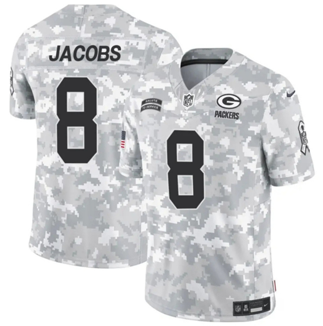 Personalized Youth Green Bay Packers #8 Josh Jacobs 2024 F.U.S.E Arctic Camo Salute To Service Limited Stitched Football Jersey