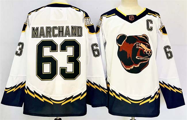 Personalized Men’s Boston Bruins #63 Brad Marchand White 2024-25 With C Patch Reverse Retro Home Stitched Hockey Jersey