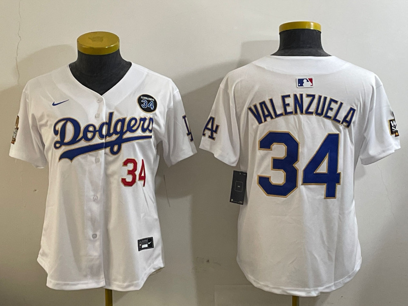 Personalized Women’s Los Angeles Dodgers #34 Toro Valenzuela White Gold 2024 World Series With Fernando Memorial Patch Limited Stitched Baseball Jersey