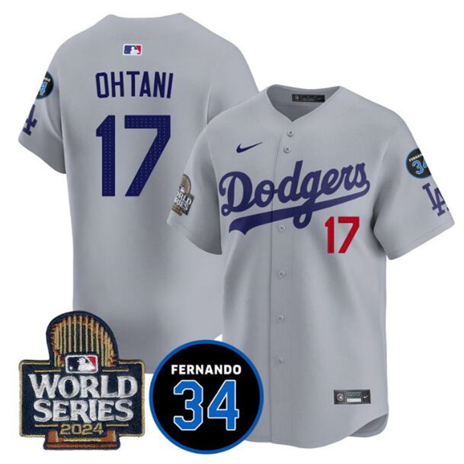 Personalized Men’s Los Angeles Dodgers #17 Shohei Ohtani Grey 2024 World Series With Fernando Memorial Patch Limited Stitched Baseball Jersey