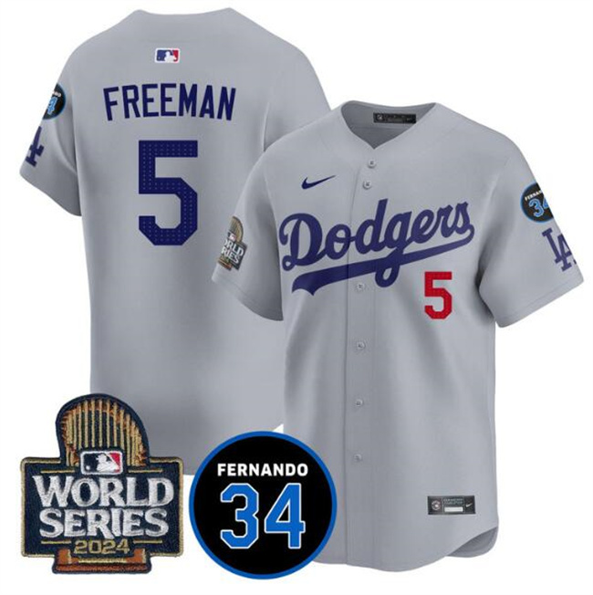 Personalized Men’s Los Angeles Dodgers #5 Freddie Freeman Grey 2024 World Series With Fernando Memorial Patch Limited Stitched Baseball Jersey