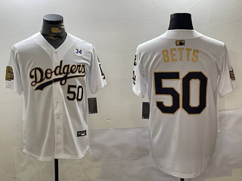 Personalized Men’s Los Angeles Dodgers #50 Mookie Betts White Gold 2024 World Series With Fernando Memorial Patch Limited Stitched Baseball Jerseys