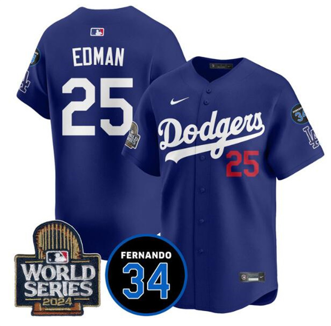 Personalized Men’s Los Angeles Dodgers #25 Tommy Edman Royal 2024 World Series With Fernando Memorial Patch Alternate Limited Stitched Baseball Jersey