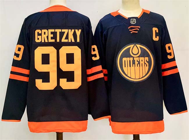 Personalized Men’s Edmonton Oilers #99 Wayne Gretzky Navy 2024-25 C Patch Stitched Jersey
