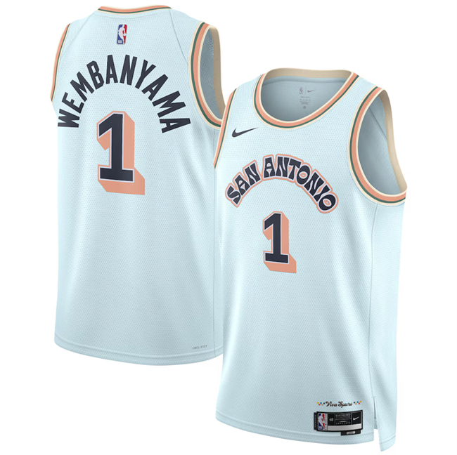 Personalized Men’s San Antonio Spurs #1 Victor Wembanyama Light Blue 2024-25 City Edition Stitched Basketball Jersey