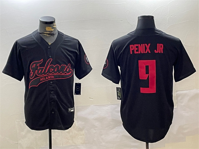 Personalized Men’s Atlanta Falcons #9 Michael Penix Jr. Black With Patch Cool Base Stitched Baseball Jersey