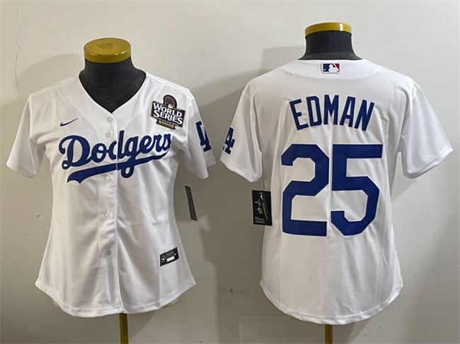 Personalized Women’s Los Angeles Dodgers #25 Tommy Edman White 2024 World Series Cool Base Stitched Baseball Jersey(Run Small)