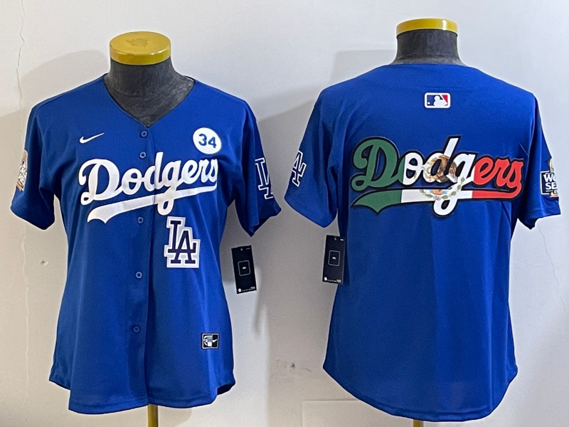 Personalized Women’s Los Angeles Dodgers Blank Blue 2024 World Series With No. 34 Patch Home Limited Stitched Baseball Jersey(Run Small)