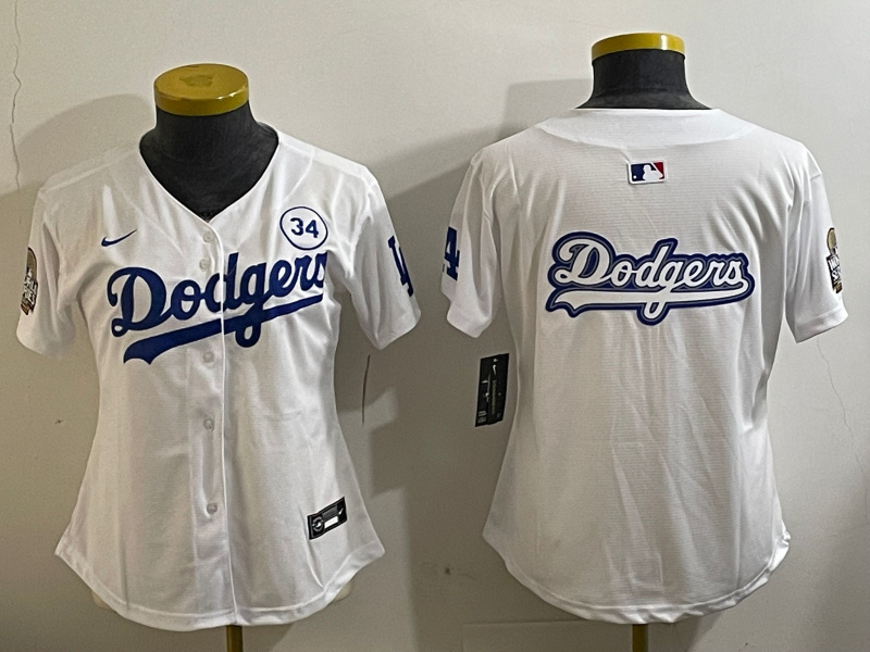 Personalized Women’s Los Angeles Dodgers Blank White 2024 World Series With No. 34 Patch Home Limited Stitched Baseball Jersey(Run Small)