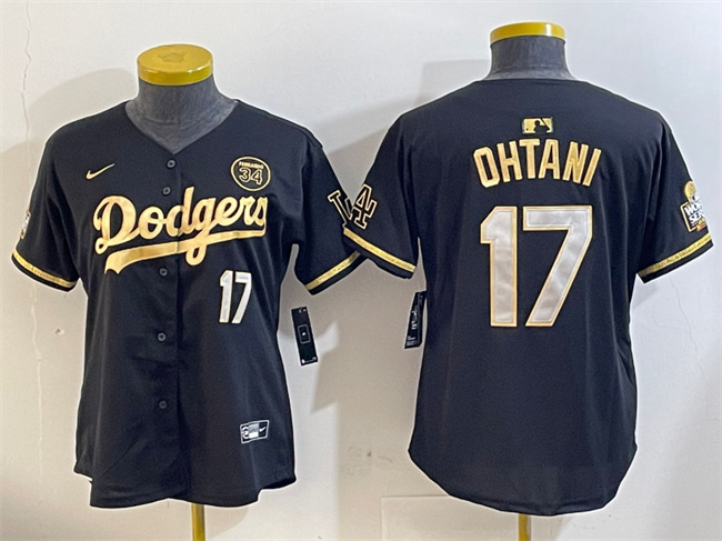 Personalized Women’s Los Angeles Dodgers #17 Shohei Ohtani Black Gold 2024 World Series With Fernando Memorial Patch Limited Stitched Baseball Jersey(Run Small)