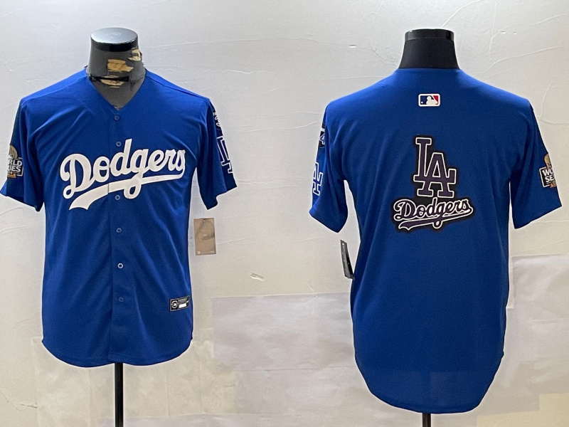 Personalized Men’s Los Angeles Dodgers Blank Blue 2024 World Series With No. 34 Patch Home Limited Stitched Baseball Jersey(Run Small)