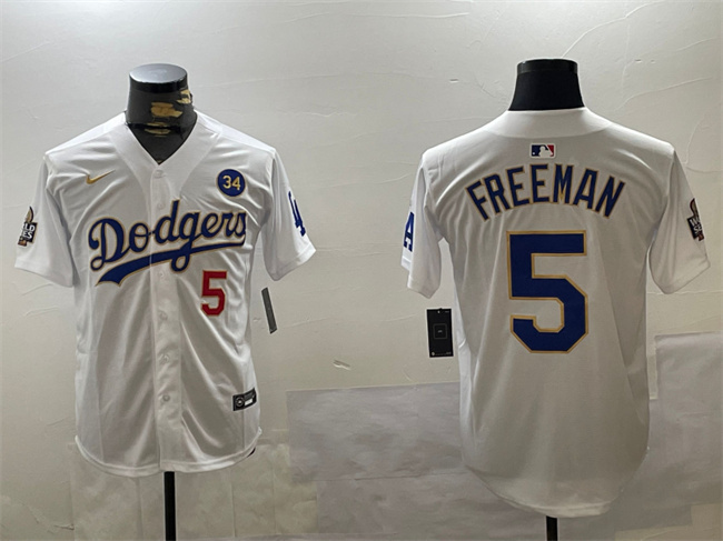 Personalized Men’s Los Angeles Dodgers #5 Freddie Freeman White Gold 2024 World Series With No. 34 Patch Home Limited Stitched Baseball Jersey