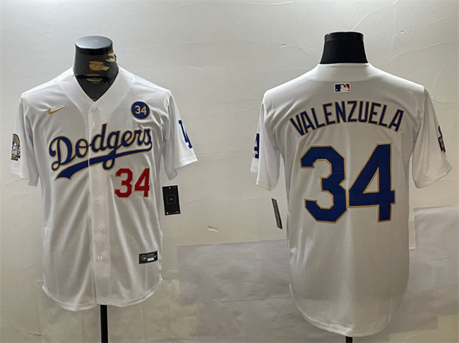 Personalized Men’s Los Angeles Dodgers #34 Toro Valenzuela White Gold 2024 World Series With No. 34 Patch Home Limited Stitched Baseball Jersey