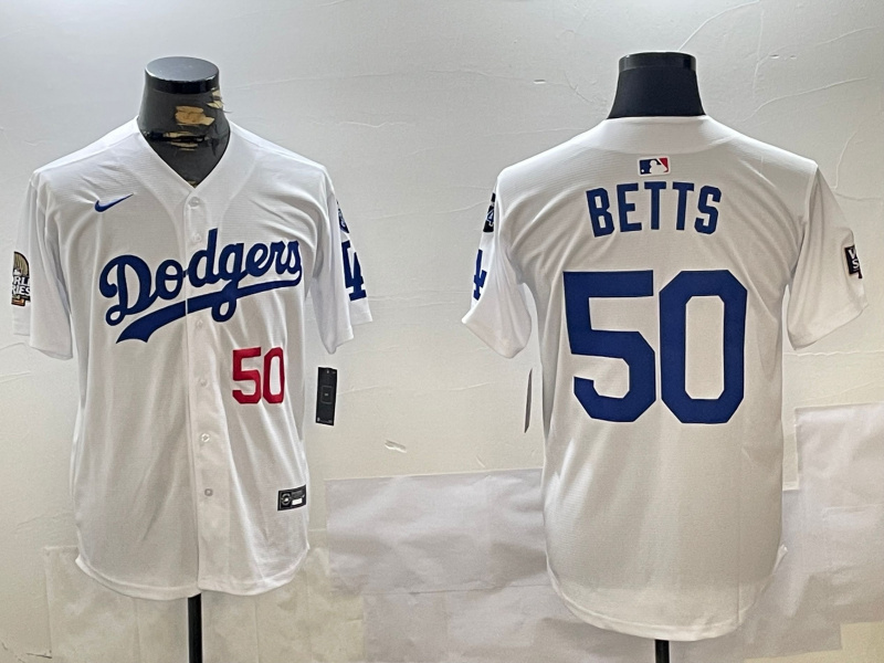 Personalized Men’s Los Angeles Dodgers #50 Mookie Betts White 2024 World Series With Fernando Memorial Patch Home Limited Stitched Baseball Jerseys
