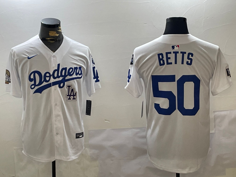 Personalized Men’s Los Angeles Dodgers #50 Mookie Betts White 2024 World Series With Fernando Memorial Patch Home Limited Stitched Baseball Jerseys