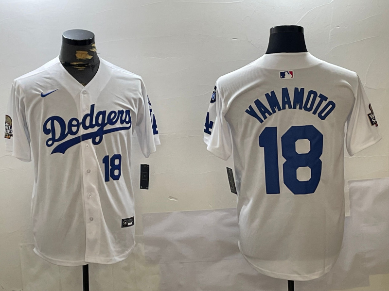 Personalized Men’s Los Angeles Dodgers #18 Yoshinobu Yamamoto White 2024 World Series With Fernando Memorial Patch Home Limited Stitched Baseball Jersey