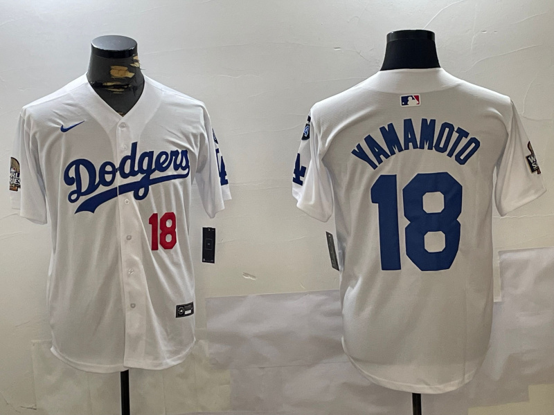 Personalized Men’s Los Angeles Dodgers #18 Yoshinobu Yamamoto White 2024 World Series With Fernando Memorial Patch Home Limited Stitched Baseball Jerseys